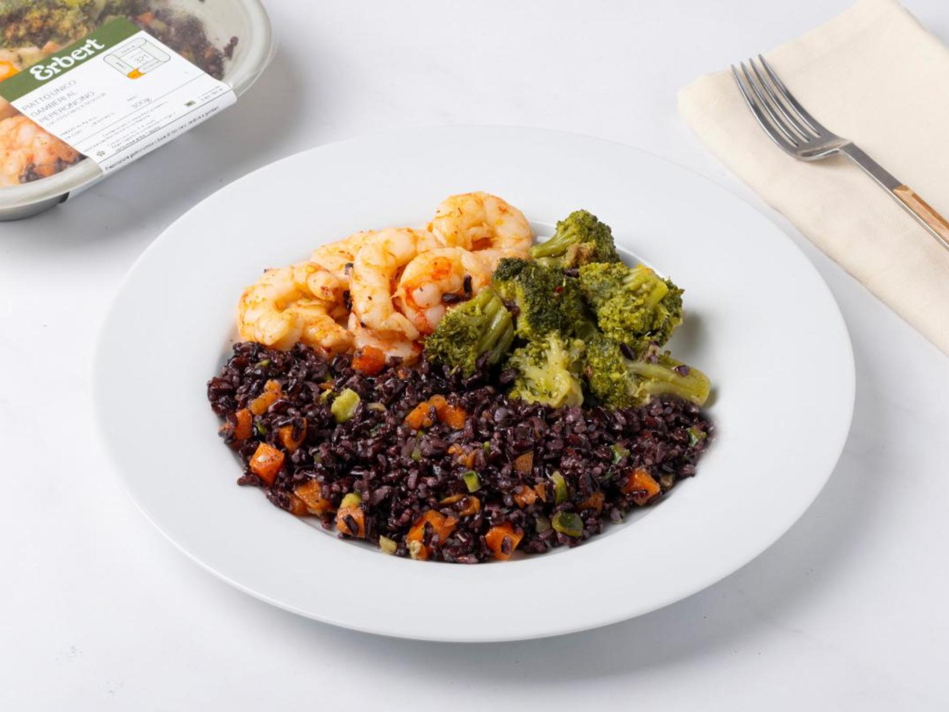 Riso, gamberi al peperoncino e broccoli