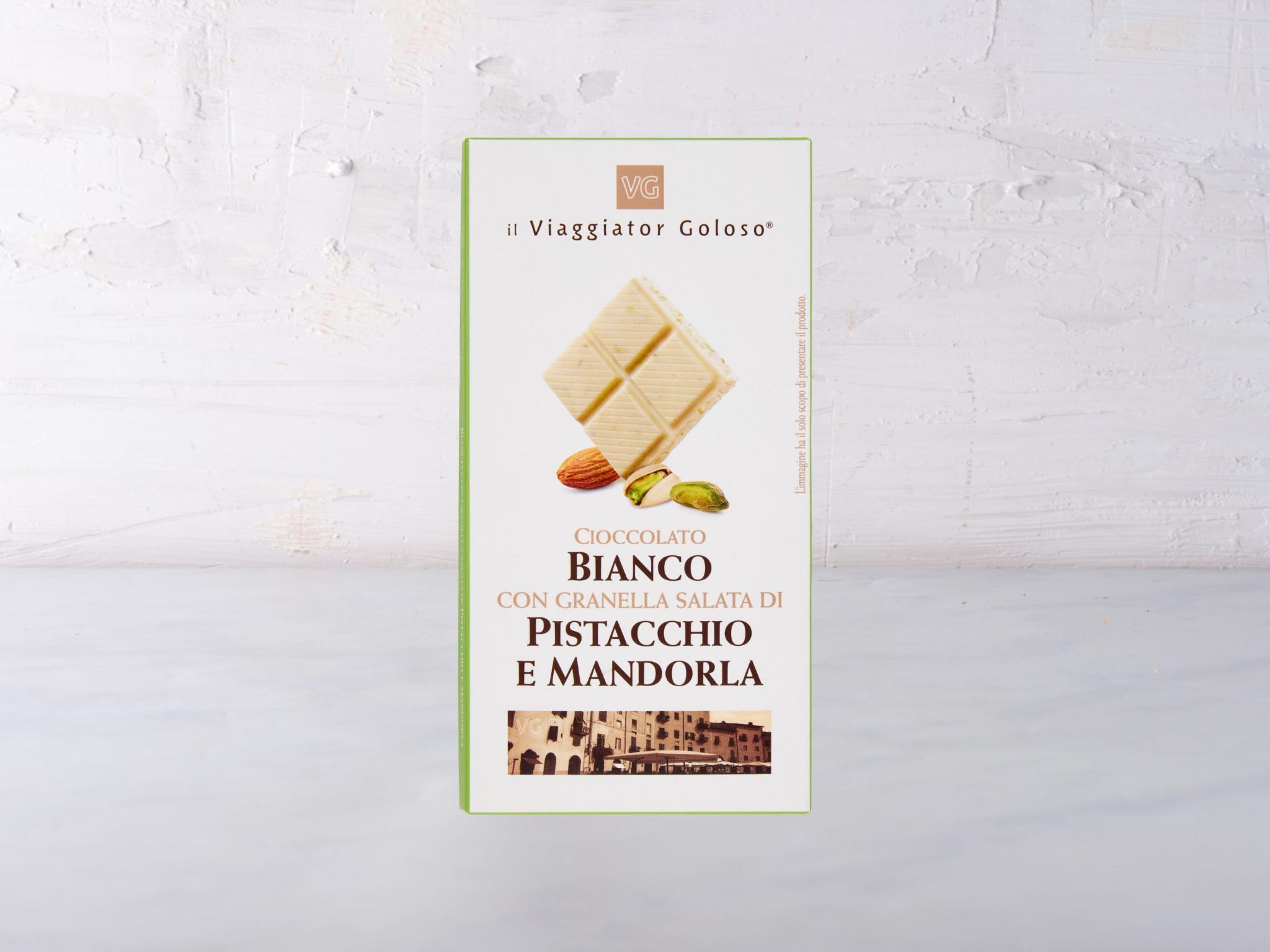 Cioccolato Bianco con Granella di Pistacchio e Mandorla Il Viaggiator Goloso