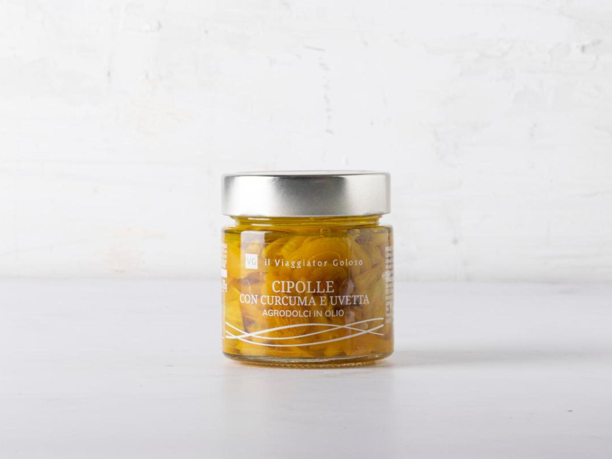Cipolle con curcuma e uvetta agrodolci in olio