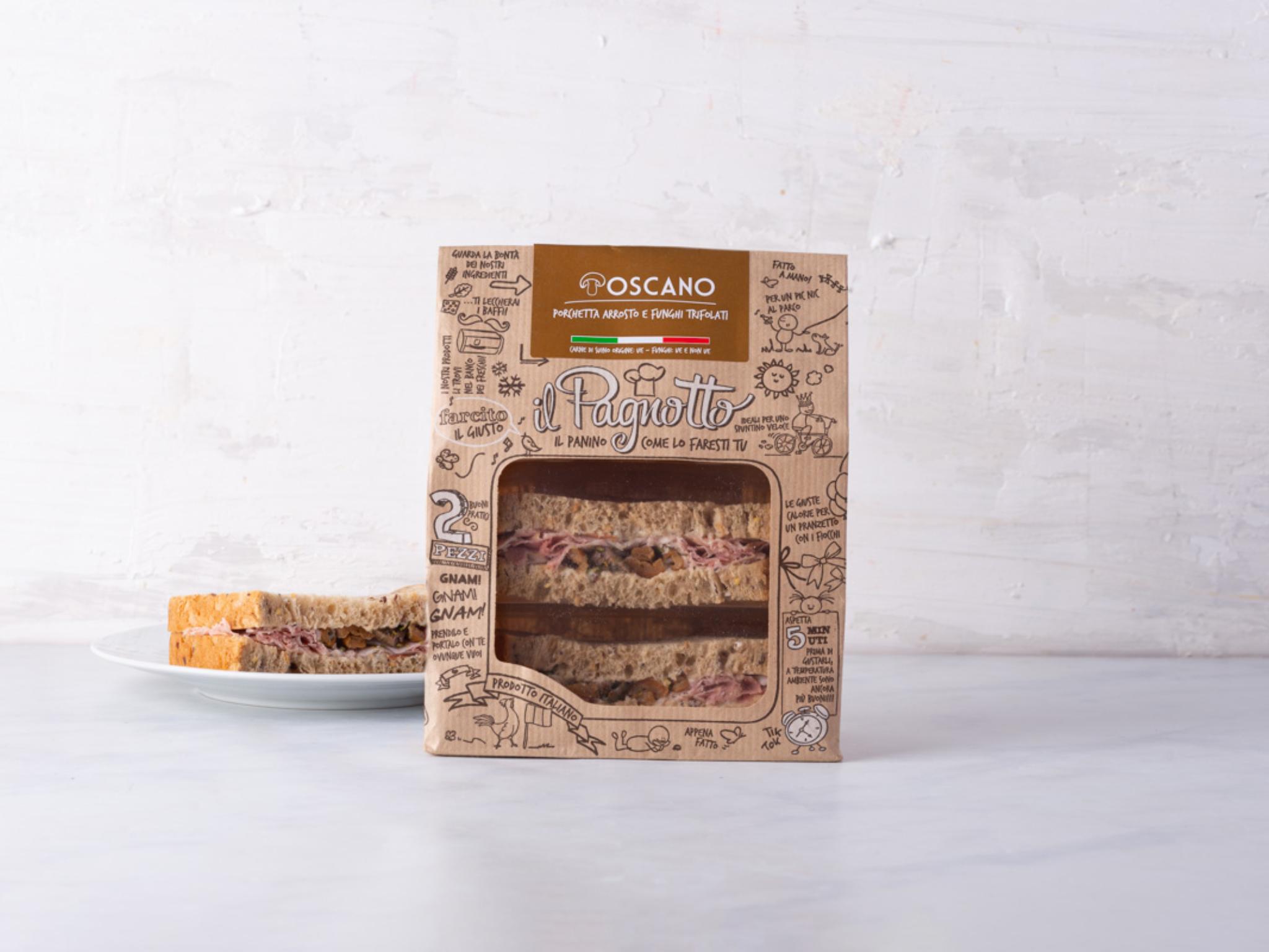 Panino con porchetta arrosto e funghi trifolati