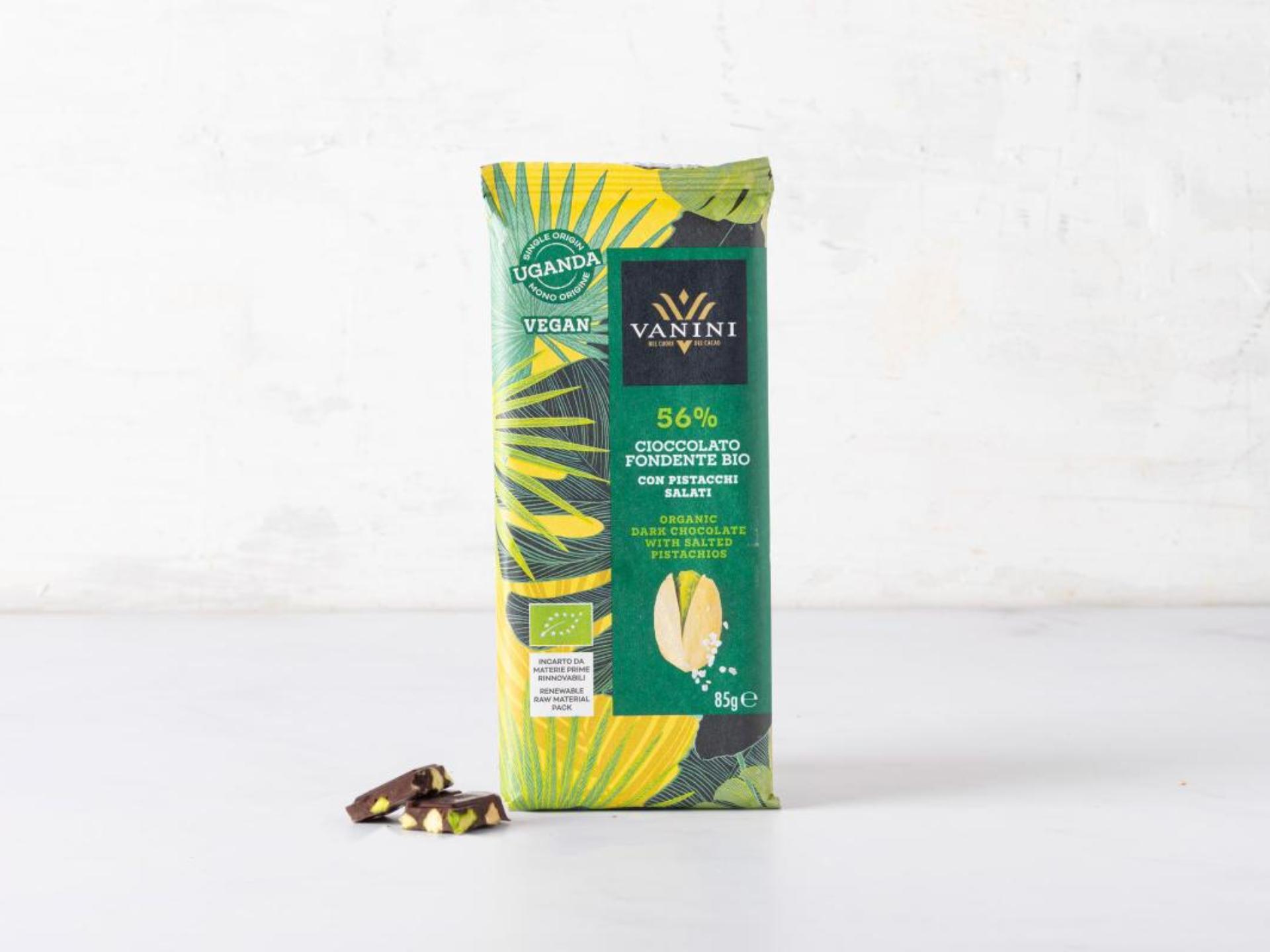 Cioccolato fondente 56% con pistacchi salati BIO